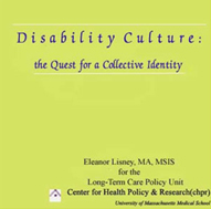 Green cd cover for my presentation, with header Disability Culture: the Quest for a collective Identity